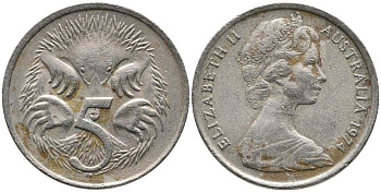 АВСТРАЛИЯ 5 ЦЕНТОВ 1974 ЕХИДНА, ЕЛИЗАЕТА II (1952-) KM 64 медно-никель 4549-711