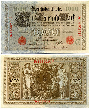 Германия 1000 марок 1910 21 апреля 1910, красная печать, номер семизначный, серия В, буква С, выпуск АПРЕЛЬ - АВГУСТ 1919 Pick 44, Роземберг 45b бумага VF 2194-20-2-1