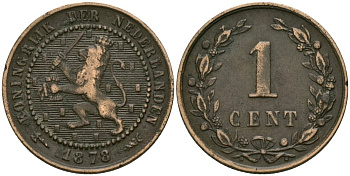 Нидерланды 1 цент 1878 Виллем III (1849-1890) KM 107 бронза 4576-1035