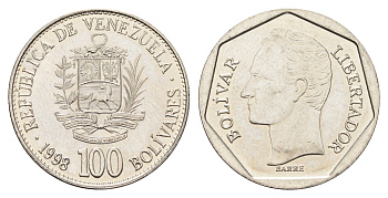 Венесуэла 100 боливаров 1998 год-тип, Симон Боливар Y 78.1 сталь плакированная никелем UNC 4666-1236