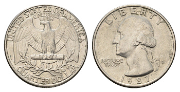 США 25 центов (квотер, 1/4 доллара) 1987 Вашингтон KM 164a медь плакированная медно-никелем 4673-1057