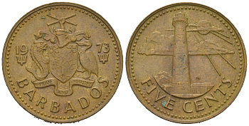 Барбадос 5 центов 1973 маяк Саут-Пойнт KM 11 латунь 4622-711