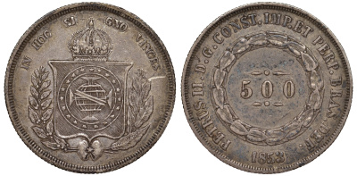 Бразилия 500 рейс 1853 Педро II (1831-1889) KM 464 серебро 413-3615