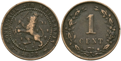 Нидерланды 1 цент 1878 Виллем III (1849-1890) KM 107 бронза 4576-1035