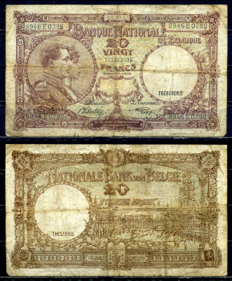 Бельгия 20 франков 1941 06.09.1941, Король Альберт I и его жена Королева Елизавета, Гран-Плас / Гроте Маркт, Брюссель Pick 111 (2) бумага 6301-29-3-2