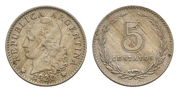 Аргентина 5 сентаво 1920 KM 34 медно-никель 4636-265