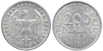Германия 200 марок 1923 D KM 35, J. 304, Weege 22 алюминий 4604-617