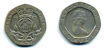 Великобритания 20 пенсов 1982 Елизавета II (1952-2022) KM 931, Spink 4230 (G1) медно-никель 4110-956