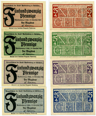 ВАЛЬДЕНБУРГ НАБОР ИЗ 4 БАНКНОТ ПО 25 ПФЕННИГОВ 1920 10 ОКТЯБРЯ 1920, НОТГЕЛЬД, ЗЕМЛЯ БАДЕН-ВЮРТЕМБЕРГ Grabowski 1371.9 бумага 2193-7-1-1