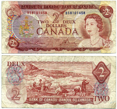 Канада 2 доллара 1974 подписи Lawson & Bouey Pick 86a бумага 2192-23-2-2