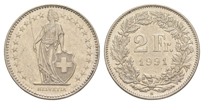 Швейцария 2 франка 1991 KM 21a медно-никель 4637-115