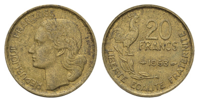 Франция 20 франков 1953 KM 917.1 алюминиевая бронза 4673-1151