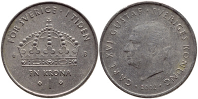 Швеция 1 крона 2002 Карл XVI Густав (1973- ) KM 894 медно-никель 4364-1443