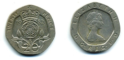 Великобритания 20 пенсов 1982 Елизавета II (1952-2022) KM 931, Spink 4230 (G1) медно-никель 4110-956