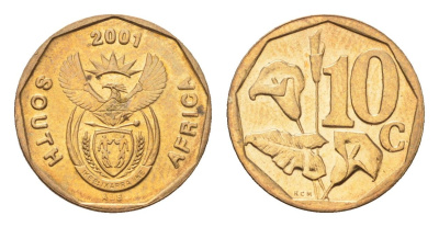 ЮАР 10 центов 2001 герб, цветок алоэ KM 224 сталь плакированная бронзой UNC 4694-769