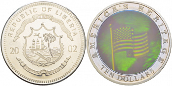 Либерия 10 долларов 2002 серия Американское наследие, флаг Соединенных штатов, голограмма  медно-никель  UNC  11-098-14