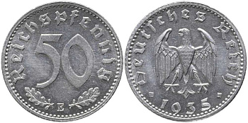 Германия 50 рейхспфеннигов 1935 E J. 368, KM 87 алюминий  UNC  413-1724