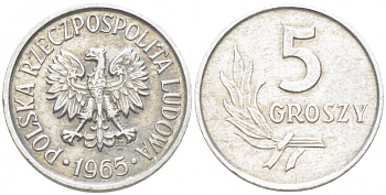 Польша 5 грошей 1965 MW, Народная Республика KM А46, Parchimowicz 204g алюминий 3309-319