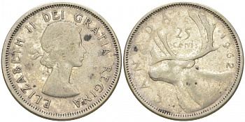 Канада 25 центов 1962 Елизавета II (1952-2022), олень KM 52 серебро 68-711