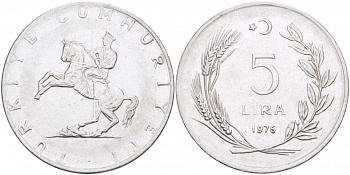 Турция 5 лир 1976 Кемаль Ататюрк KM 905 нержавеющая сталь 215-436