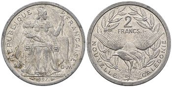 Французская Новая Каледония 2 франка 1997 птица кагу, (IEOM) KM 14, Schoen 11, Lec 68b алюминий    23-1452