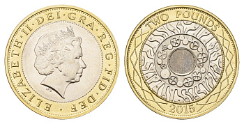Великобритания 2 фунта 2015 Елизавета II (1952-2022) KM 994, Spink 4570 (K9) биметалл UNC 76-737