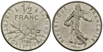 Франция 1/2 франка 1986 сеятель KM 931.1, Le Franc 198.25 никель 4135-731