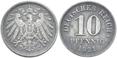 ГЕРМАНИЯ 10 ПФЕННИГОВ 1921 KM 26, J. 299 цинк 4401-213
