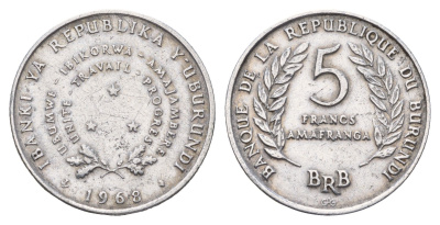 Бурунди 5 франков 1968 KM 16 алюминий 4678-932
