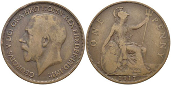 Великобритания 1 пенни 1917 Георг V (1910-1936) KM 810, Spink 4051 бронза 111-1245