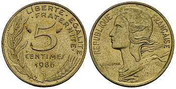 Франция 5 сантимов 1986 тип Marianne KM 933 алюминиевая бронза 4136-444