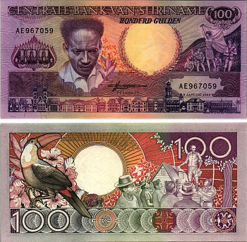 Суринам 100 гульденов 1988 Антон де Ком, тукан на ветке Pick 133 b бумага UNC (пресс) 7220-52-1-1