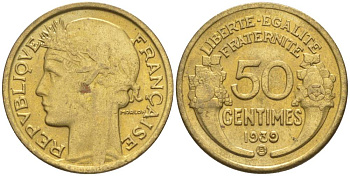 ФРАНЦИЯ 50 САНТИМОВ 1939 В, ТИП MORLON, МОНДВОР БРЮССЕЛЬ KM 894.2, LE FRANC 192.16 алюминиевая бронза 44-918
