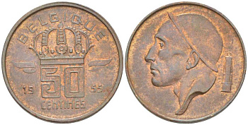 БЕЛЬГИЯ 50 САНТИМОВ 1955 BELGIQUE, БОДУЭН I (1951-1993) KM 144 бронза 206-163