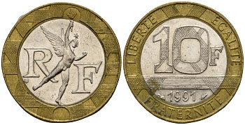 Франция 10 франков 1991 тип гений Бастилии KM 964.1, Le Frank 375.6 биметалл 4601-422