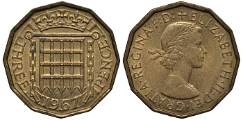 Великобритания 3 пенса 1967 Елизавета II (1952-2022) KM 900, Spink 4153 никель латунь 4538-1135