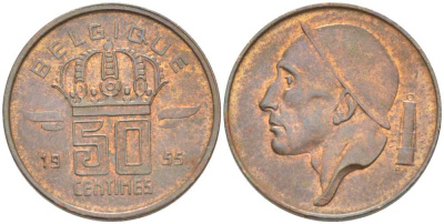 БЕЛЬГИЯ 50 САНТИМОВ 1955 BELGIQUE, БОДУЭН I (1951-1993) KM 144 бронза 206-163