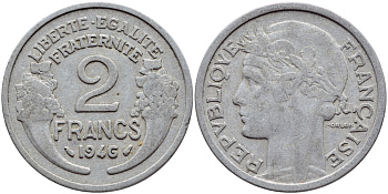 ФРАНЦИЯ 2 ФРАНКА 1946 KM 886а.1 алюминий 4397-737