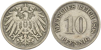 ГЕРМАНИЯ 10 ПФЕННИГОВ 1898 F KM 12, J. 13 медно-никель 4401-1044
