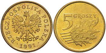 ПОЛЬША 5 ГРОШЕЙ 1991 MW KM 278 латунь 4528-825