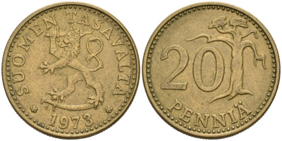 ФИНЛЯНДИЯ 20 ПЕННИ 1973 S KM 47 алюминиевая бронза 4563-317