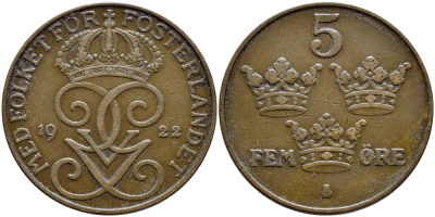 Швеция 5 эре 1922 Густав V (1907-1950) KM 779.2 бронза 4394-846