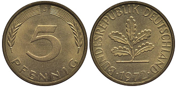 ФРГ 5 ПФЕННИГОВ 1972 J KM 107, Jager 382 сталь плакированная латунью 4547-746
