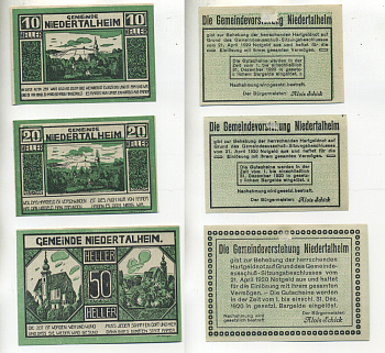 АВСТРИЯ НАБОР ИЗ 3 БАНКНОТ 1920 21 АПРЕЛЯ 1920-31 ДЕКАБРЯ 1920, НОТГЕЛЬД, 10, 20, 50 ГЕЛЛЕРОВ, NIEDERTALHEIM, ЗЕЛЕНЫЕ бумага XF 6278-21-2