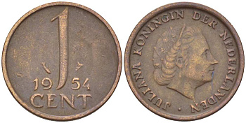 Нидерланды 1 цент 1954 Юлиана (1949-1980) KM 180 бронза 3955-115