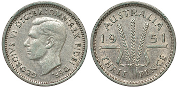 Австралия 3 пенса 1951 m, Георг VI (1937-1952), без букв KM 44 серебро 71-356
