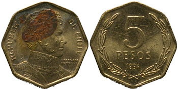 Чили 5 песо 1994 So KM 232, Schon 81 алюминиевая бронза 4387-842