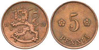 Финляндия 5 пенни 1929 KM 22 медь 4174-365