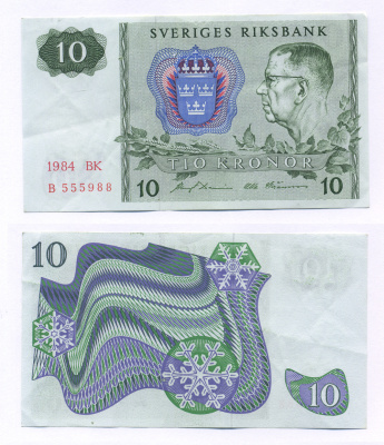 ШВЕЦИЯ 10 КРОН 1984 СЕРИЯ BK, ГУСТАВ VI АДОЛЬФ Pick 52е бумага 6266-15-1