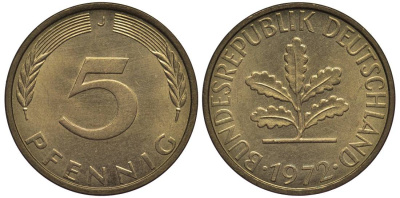 ФРГ 5 ПФЕННИГОВ 1972 J KM 107, Jager 382 сталь плакированная латунью 4547-746